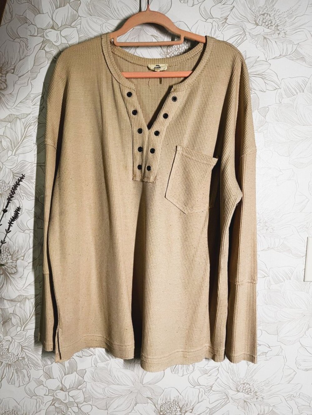 Oversized Tan Waffle Knit Henley Top With Button-Front & Side Slits - Entro XL